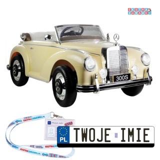 Mercedes 300S lakierowany na akumulator - beżowy, 2x45W 12V/7Ah, pilot, do 5 km/h, EVA, ekoskóra, pasy, panel muzyczny [3921]