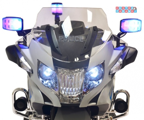 Policyjny motorek BMW R1200RT na akumulator - srebrny, 12V/7Ah, koguty, dźwięki, LED, EVA [PA.212]