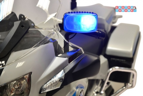 Policyjny motorek BMW R1200RT na akumulator - srebrny, 12V/7Ah, koguty, dźwięki, LED, EVA [PA.212]