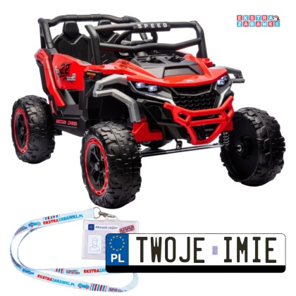 Buggy M1 na akumulator M1 - czerwony, 4x45W 12V/7Ah, pilot, EVA, ekoskóra, pas, LED, panel muzyczny z BT [27003]