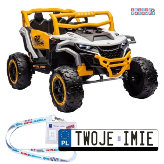 Buggy M1 na akumulator M1 - żółty, 4x45W 12V/7Ah, pilot, EVA, ekoskóra, pas, LED, panel muzyczny z BT [27004]
