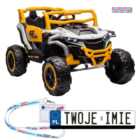 Buggy M1 na akumulator M1 - żółty, 4x45W 12V/7Ah, pilot, EVA, ekoskóra, pas, LED, panel muzyczny z BT [27004]