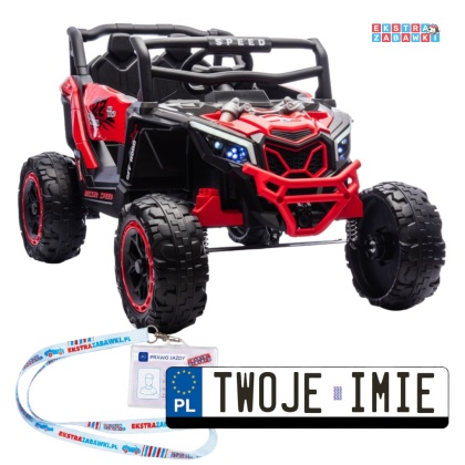 Buggy M2 na akumulator - czerwony, 4x45W 12V/7Ah, pilot, EVA, ekoskóra, pas, LED, panel muzyczny z BT [27005]
