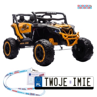 Buggy M2 na akumulator - żółty, 4x45W 12V/7Ah, pilot, EVA, ekoskóra, pas, LED, panel muzyczny z BT [27005]