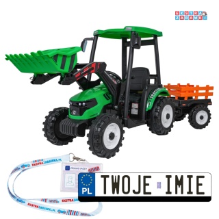 Mega traktor D68 z łyżką na akumulator - zielony, 2x200W, 24V/10Ah, ekoskóra, pilot, LED [JS3158B]
