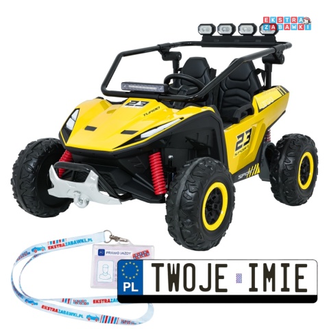 Buggy Turbo 23 na akumulator - żółty, 4x200W 24V/7Ah, pilot, dwuosobowy, EVA, LED, ekoskóra, pas [DM-109]