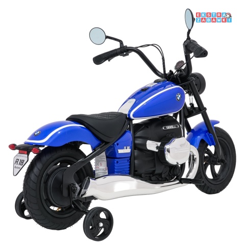 Motor BMW R18 na akumulator - niebieski, 200W 24V/7Ah, silnik bezszczotkowy, koła pompowane, kółka boczne, ekoksóra, BT [SX8628]