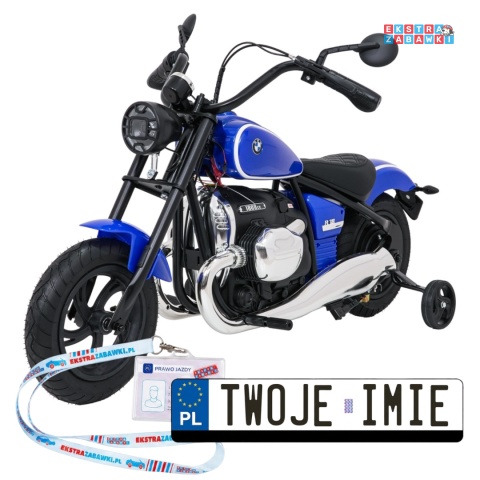 Motor BMW R18 na akumulator - niebieski, 200W 24V/7Ah, silnik bezszczotkowy, koła pompowane, kółka boczne, ekoksóra, BT [SX8628]