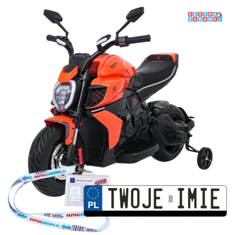 Motor Ducati Diavel x Bentley na akumulator - pomarańczowy, 2x35W 12V/7Ah, EVA, wolny start, boczne kółka, do 30 kg [XMX-656]