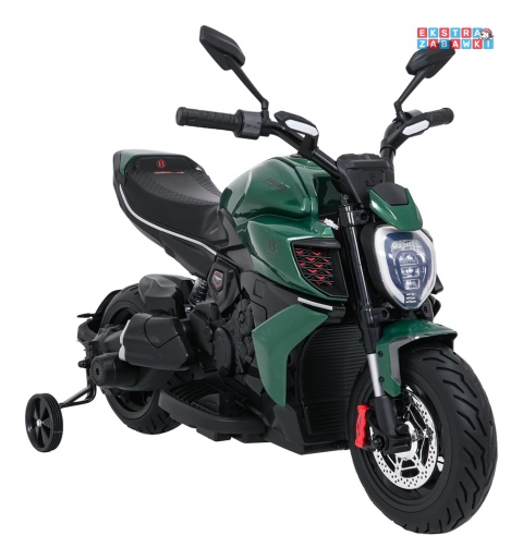 Motor Ducati Diavel x Bentley na akumulator - zielony, 2x35W 12V/7Ah, EVA, wolny start, LED, boczne kółka, do 30 kg [XMX-656]