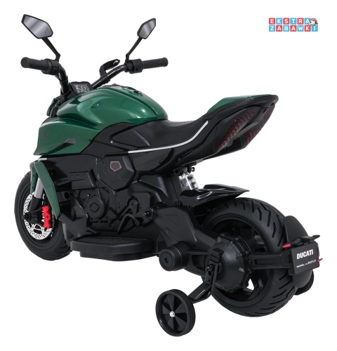 Motor Ducati Diavel x Bentley na akumulator - zielony, 2x35W 12V/7Ah, EVA, wolny start, LED, boczne kółka, do 30 kg [XMX-656]