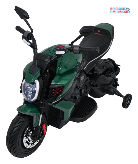 Motor Ducati Diavel x Bentley na akumulator - zielony, 2x35W 12V/7Ah, EVA, wolny start, LED, boczne kółka, do 30 kg [XMX-656]