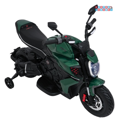 Motor Ducati Diavel x Bentley na akumulator - zielony, 2x35W 12V/7Ah, EVA, wolny start, LED, boczne kółka, do 30 kg [XMX-656]