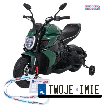 Motor Ducati Diavel x Bentley na akumulator - zielony, 2x35W 12V/7Ah, EVA, wolny start, LED, boczne kółka, do 30 kg [XMX-656]