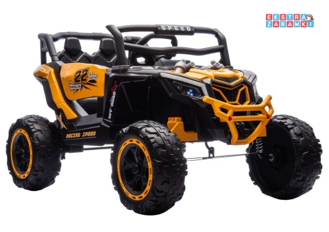 Buggy M2 na akumulator - żółty, 4x45W 12V/7Ah, pilot, EVA, ekoskóra, pas, LED, panel muzyczny z BT [27005]
