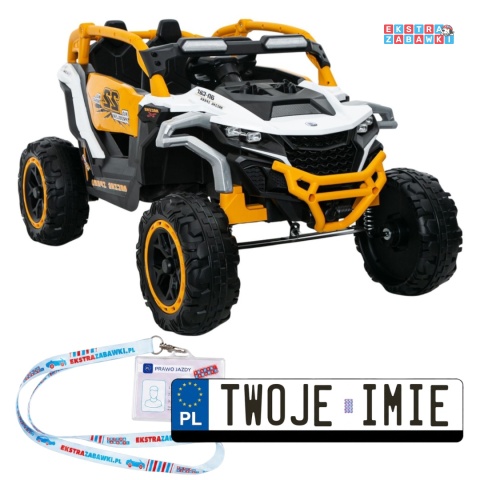 Buggy M3 na akumulator - żółty, 4x45W 12V/7Ah, pilot, EVA, ekoskóra, pas, LED, panel muzyczny z BT [27007]