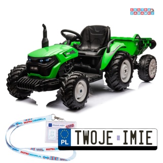 Traktor HC-306 z przyczepą na akumulator - jasny zielony, 2x95W 24V/7Ah, pilot, EVA, pas, Bluetooth, hamulec auto [25073]