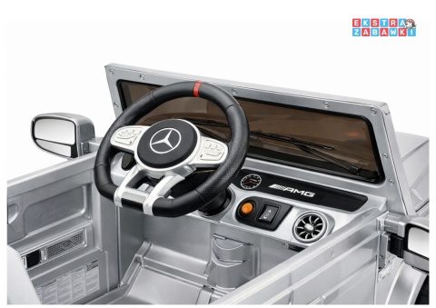 Mercedes AMG G63 lakierowany na akumulator - srebrny, 2x200W 12V/7Ah, pilot, EVA, ekoskóra, LED, panel muzyczny z BT [29007]