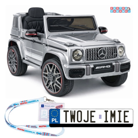 Mercedes AMG G63 lakierowany na akumulator - srebrny, 2x200W 12V/7Ah, pilot, EVA, ekoskóra, LED, panel muzyczny z BT [29007]