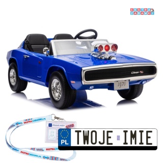 Dodge Charger R/T DLS-K12 na akumulator - niebieski, 2x200W 24V/7Ah, pilot, EVA, ekoskóra, pasy, LED, BT, do 8 km/h [29153]
