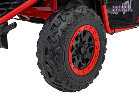 Faster buggy na akumulator dwuosobowy - czerwony, 2x150W 24V/10Ah, ekoskóra, Bluetooth, EVA, LED [S608]