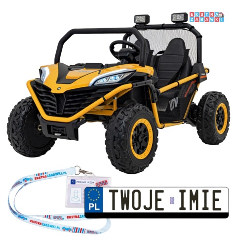 Faster buggy na akumulator dwuosobowy - żółty, 2x150W, 24V/10Ah, ekoskóra, Bluetooth, EVA, LED [S608]