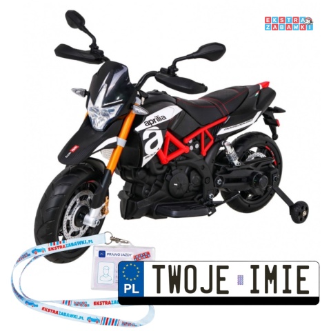 Motorek Aprilia na akumulator - czarny, 2x25W 12V/7Ah, ekoskóra, koła EVA, panel audio, USB, MP3 [A07]