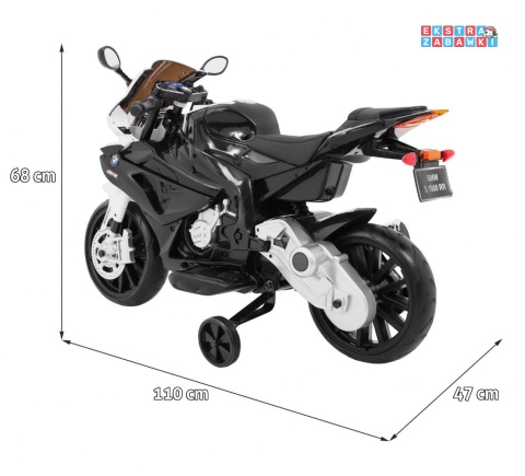 BMW S1000 RR na akumulator - czarny, 2x45W 12V/7Ah, EVA, koła pomocniczne, nóżka, kluczyk, ekoskóra [JT528]