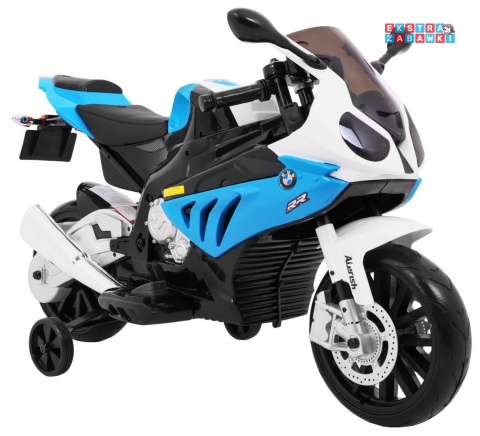 BMW S1000 RR na akumulator - niebieski, 2x45W 12V/7Ah, EVA, koła pomocniczne, nóżka, kluczyk, ekoskóra [JT528]