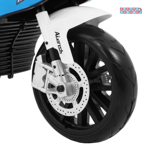 BMW S1000 RR na akumulator - niebieski, 2x45W 12V/7Ah, EVA, koła pomocniczne, nóżka, kluczyk, ekoskóra [JT528]