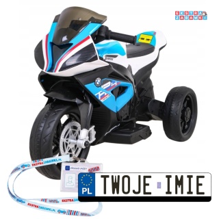 Motorek BMW HP4 na akumulator - niebieski, 2x35W 12V/4.5Ah, ekoskóra, LED, panel muzyczny, prześwit 7 cm [JT5008]