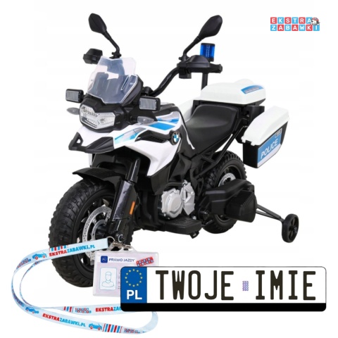 Motor Policja BMW F850 GS na akumulator - biały, 2x35W 12V/7Ah, wolny start, kółka pomocnicze, audio, LED, EVA [JT5002B]