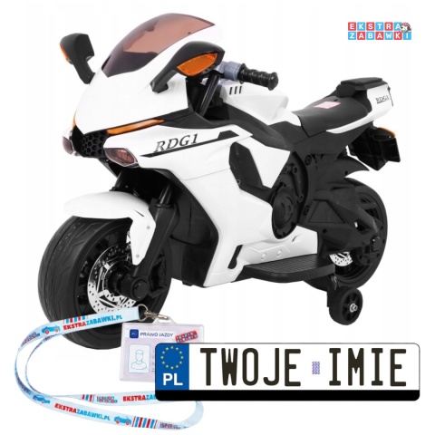Superbike R1 na akumulator - biały, 1x30W 6V/7Ah, kółka boczne, LED, klakson, do 30 kg [TR1603]