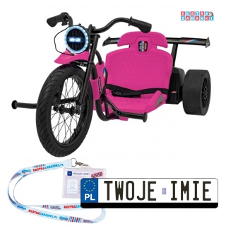 Drift Bike na akumulator - różowy, 24V/10Ah, funkcja driftu, koła pompowane i plastikowe, do 70 kg, 5-punktowe pasy [SX2338]