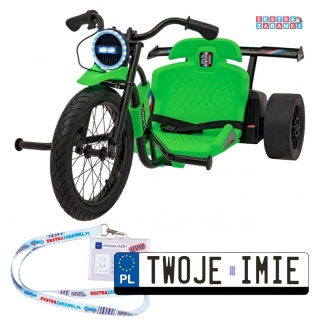 Drift Bike na akumulator - zielony, 24V/10Ah, funkcja driftu, koła pompowane i plastikowe, do 70 kg, 5-punktowe pasy [SX2338]