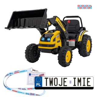Koparka traktor na akumulator - żółty, 2x35W 12V/7Ah, Bluetooth, ekoskóra, pilot, pasy [HL389]