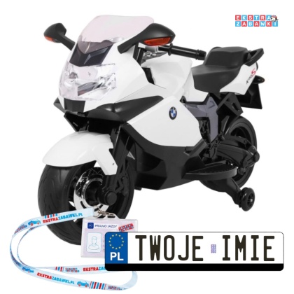Motocykl BMW K1300S na akumulator - biały, 12V/5.5Ah, EVA, kółka pomocnicze, kluczyk, LED, panel muzyczny [PA.283]