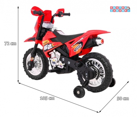 Motorek Cross na akumulator - czerwony, 6V/4.5Ah, gaz w rączce, dźwięki, LED, kółka boczna [BDM0912]