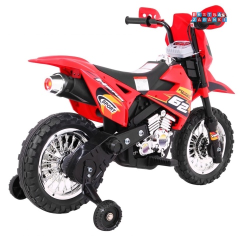 Motorek Cross na akumulator - czerwony, 6V/4.5Ah, gaz w rączce, dźwięki, LED, kółka boczna [BDM0912]