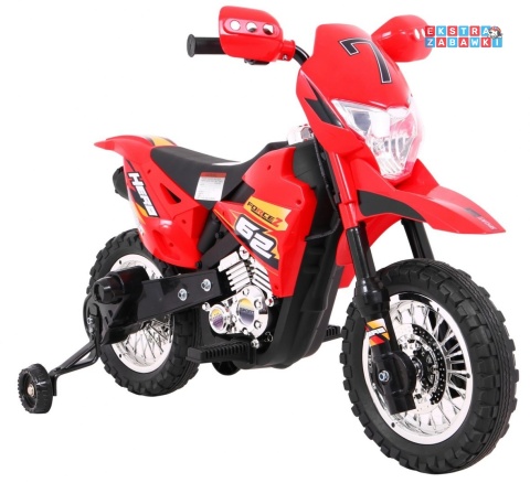 Motorek Cross na akumulator - czerwony, 6V/4.5Ah, gaz w rączce, dźwięki, LED, kółka boczna [BDM0912]