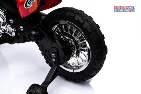 Motorek Cross na akumulator - czerwony, 6V/4.5Ah, gaz w rączce, dźwięki, LED, kółka boczna [BDM0912]