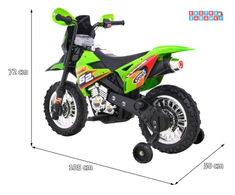 Motorek Cross na akumulator - zielony, 6V/4.5Ah, gaz w rączce, dźwięki, LED, kółka boczna [BDM0912]