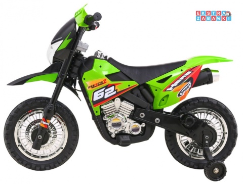 Motorek Cross na akumulator - zielony, 6V/4.5Ah, gaz w rączce, dźwięki, LED, kółka boczna [BDM0912]