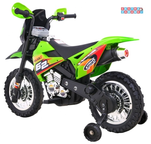 Motorek Cross na akumulator - zielony, 6V/4.5Ah, gaz w rączce, dźwięki, LED, kółka boczna [BDM0912]