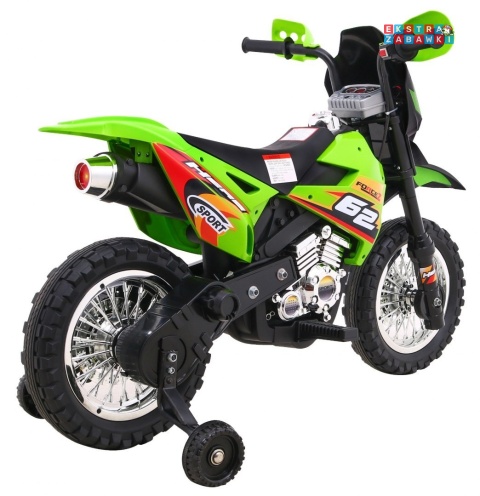 Motorek Cross na akumulator - zielony, 6V/4.5Ah, gaz w rączce, dźwięki, LED, kółka boczna [BDM0912]