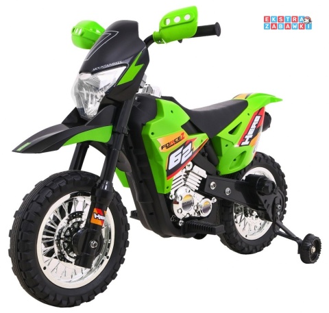 Motorek Cross na akumulator - zielony, 6V/4.5Ah, gaz w rączce, dźwięki, LED, kółka boczna [BDM0912]