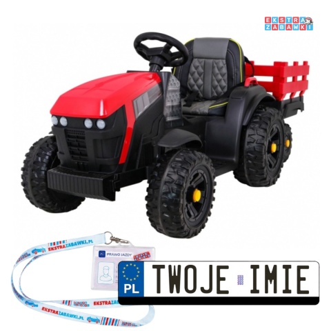 Traktor Titanium z przyczepą na akumulator - czerwony, 2x45W 12V/7Ah, panel audio, EVA, LED, pasy, pilot [BDM0925]