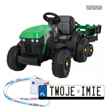 Traktor Titanium z przyczepą na akumulator - zielony, 2x45W 12V/7Ah, panel audio, EVA, LED, pasy, pilot [BDM0925]