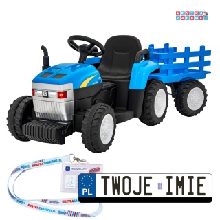 Traktor z przyczepą New Holland T7 na akumulator - niebieski, 2x35W 12V/7Ah, panel muzyczny, LED, AUX [A009B]