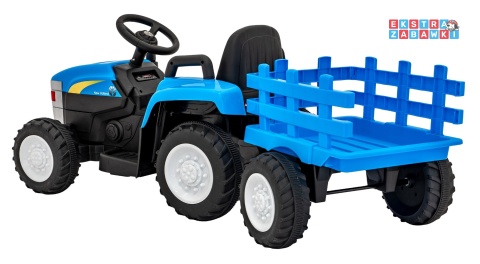 Traktor z przyczepą New Holland T7 na akumulator - niebieski, 2x35W 12V/7Ah, panel muzyczny, LED, AUX [A009B]